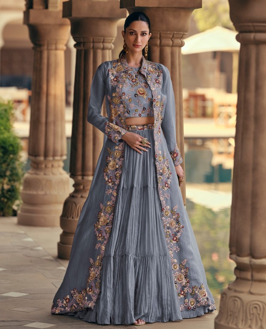 5532 C - SKY BLUE COLOUR LEHENGA WITH FANCY KOTI FRONT AND BACK EMBROIDERED